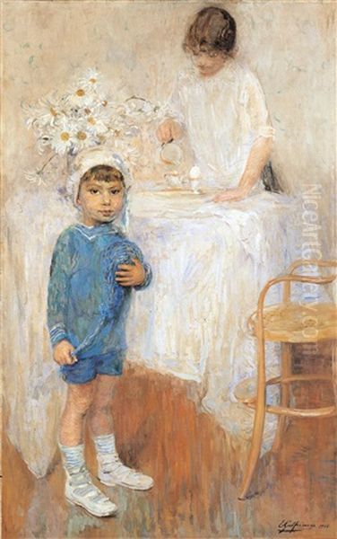 Interieur Avec Enfant En Bleu Oil Painting by Ernest Jean Joseph Godfrinon