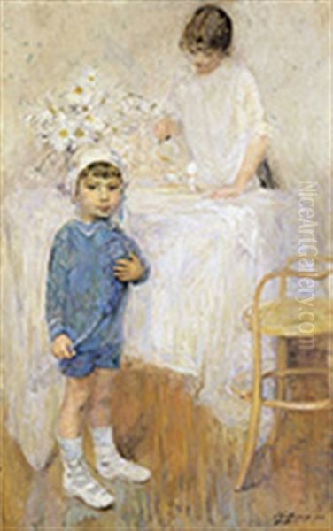 L'oeuf A La Coque (interieur Avec Enfant En Bleu) Oil Painting by Ernest Jean Joseph Godfrinon