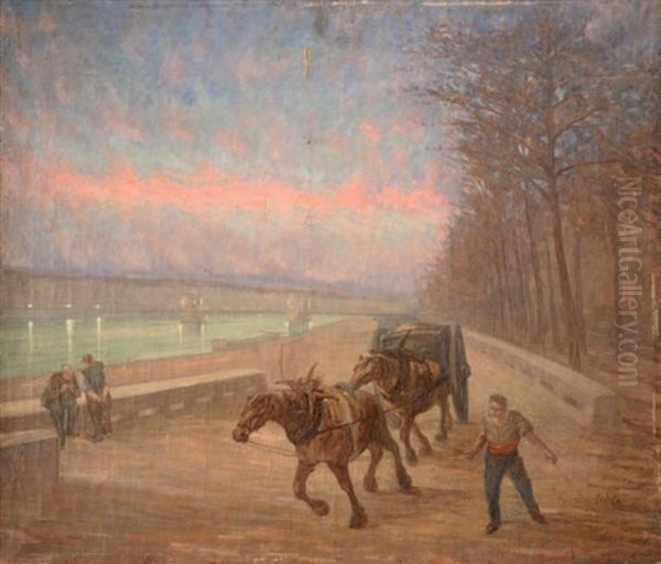 Chevaux De Halage Sur Les Quais Au Crepuscule Oil Painting by Adrien Godien