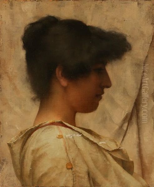 A Head And Shoulders Profile Portrait Of A Young Woman Wearing A White Tunic Style Blouse Oil Painting by John William Godward