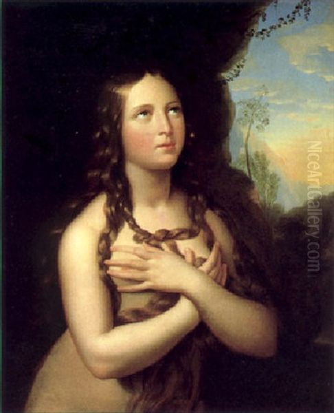 Bildnis Der Maria Magdalena In Einer Bewaldeten Gebirgslandschaft Oil Painting by Carl Peter Goebel