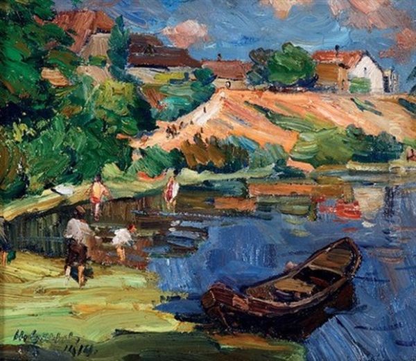 Au Bord Du Lac, Paysage Anime Oil Painting by Hermann Goebel