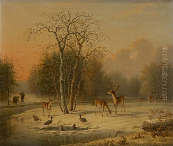 Fagotier Et Animaux Dans Un Paysage Enneige Oil Painting by Pieter De Goeje