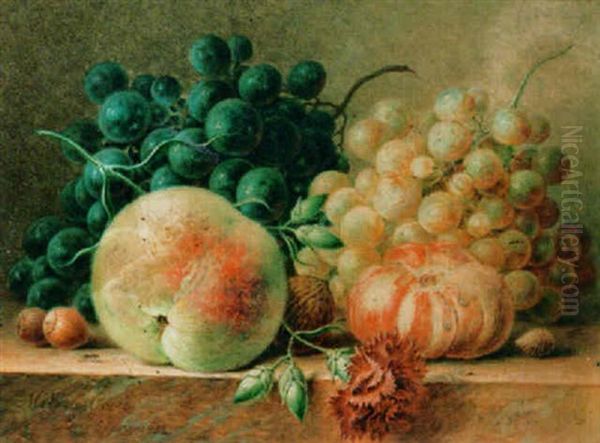 A Still Life With A Peach, Grapes And Nuts Oil Painting by Maria Gertrude Goeje-Barbiers