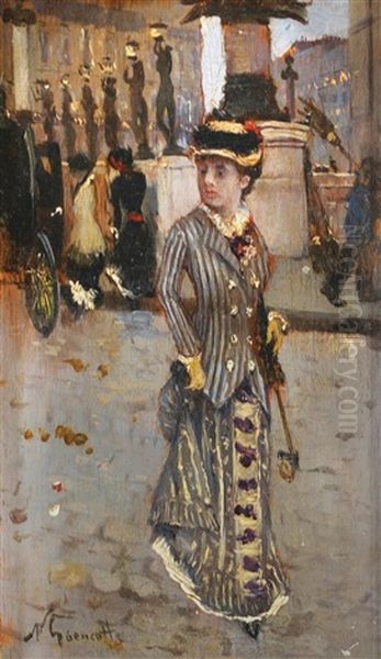 Woman In Parisian Street Oil Painting by Norbert Goeneutte