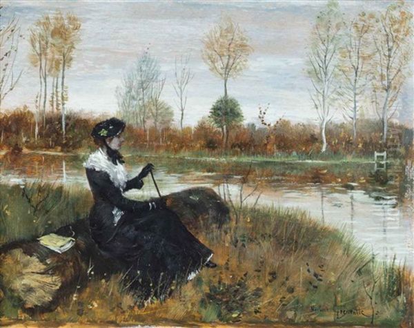 Elegant Company On The Riverbank Oil Painting by Norbert Goeneutte