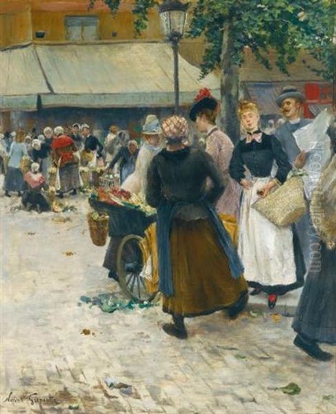 Le Marche Des Halles, Paris Oil Painting by Norbert Goeneutte