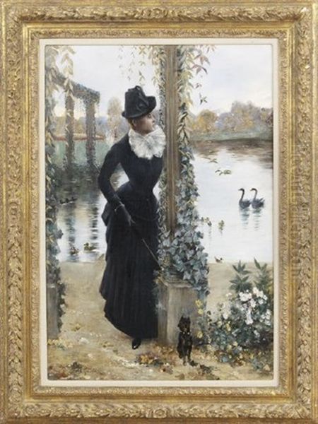 Jeune Femme Au Petit Chien Noir Oil Painting by Norbert Goeneutte