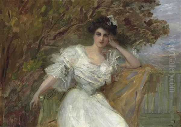 Natalie Goeneutte, The Artist's Sister, Seated In A White Dress On A Terrace Oil Painting by Norbert Goeneutte