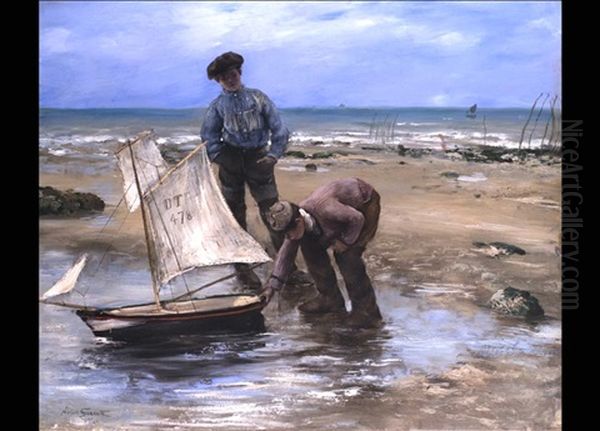 Knaben Am Meeresufer Mit Einem Modellschiff Oil Painting by Norbert Goeneutte