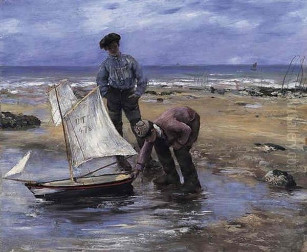 Boating Along The Treport Shore Oil Painting by Norbert Goeneutte