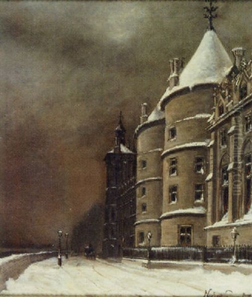 Paris, La Conciergerie Sous La Neige Oil Painting by Norbert Goeneutte