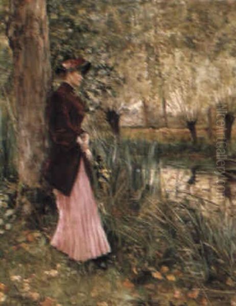 Nathalie Goeneutte, The Artist's Sister On A River Bank Oil Painting by Norbert Goeneutte