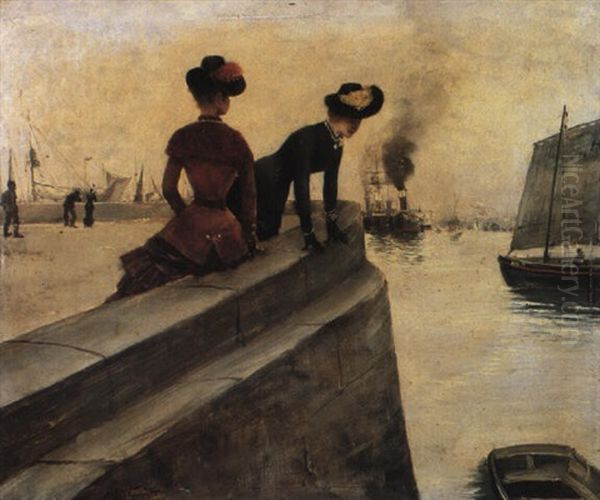 Young Ladies On A Jetty Oil Painting by Norbert Goeneutte