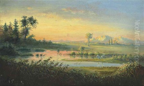 A Venezuelan Wetland With Herons, Evening Oil Painting by Anton Goering