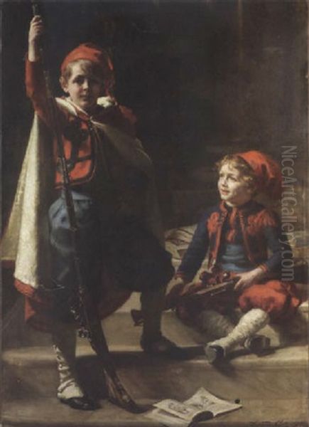 Zouaves - Portrait Of Francis And Philip Mond, Sons Of Emile Mond, Esq. Oil Painting by Sigismund Christian Hubert Goetze