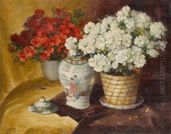 Vase Fleuri D'azalees Avec Vase Chinois Oil Painting by Aristide Goffinon