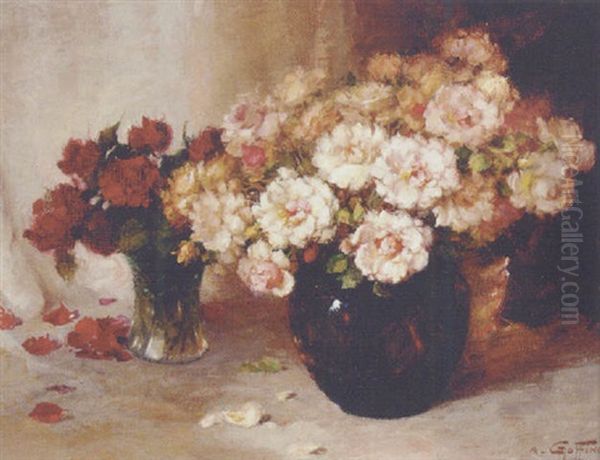 A Still Life Of Roses In Glass Vases by Aristide Goffinon