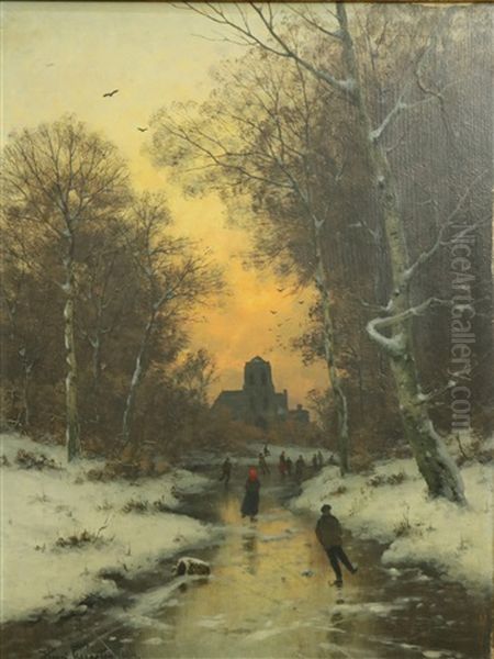 Winterse Namiddag Met Schaatsers Op Een Sloot Oil Painting by Heinrich Gogarten