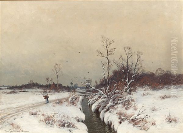 Landscape With Stream In Winter Oil Painting by Heinrich Gogarten