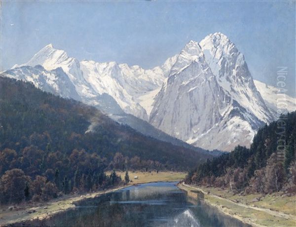 Partie Beim Riessersee... Garmisch..., Im Hintergrund Das Wettersteingebirge Oil Painting by Heinrich Gogarten