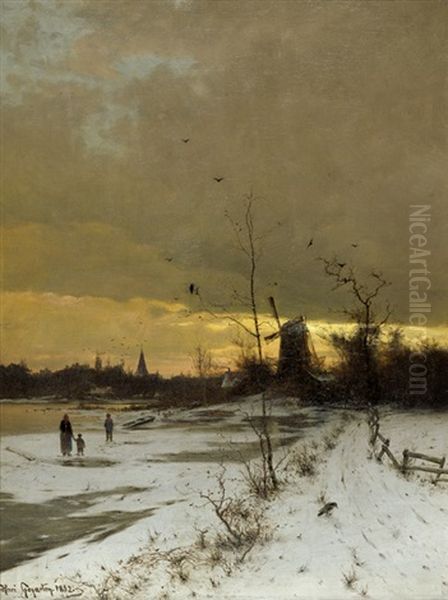 Winterabend In Hamburg: Blick Von Bellevue Uber Die Zugefrorene Alster Auf Die Eppendorfer Kirche Oil Painting by Heinrich Gogarten