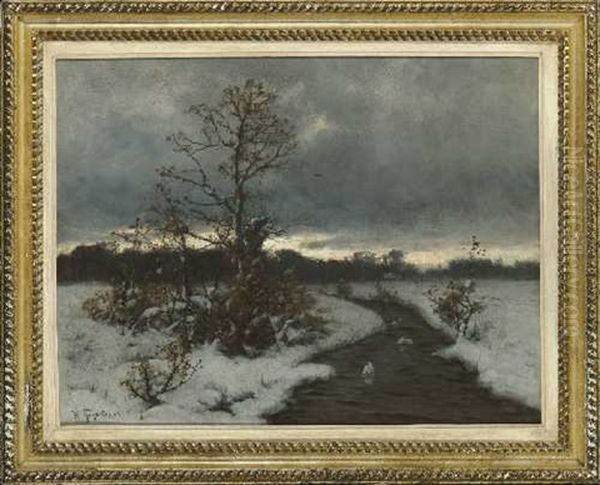 Winterliche Bachlandschaft In Der Abenddammerung Oil Painting by Heinrich Gogarten