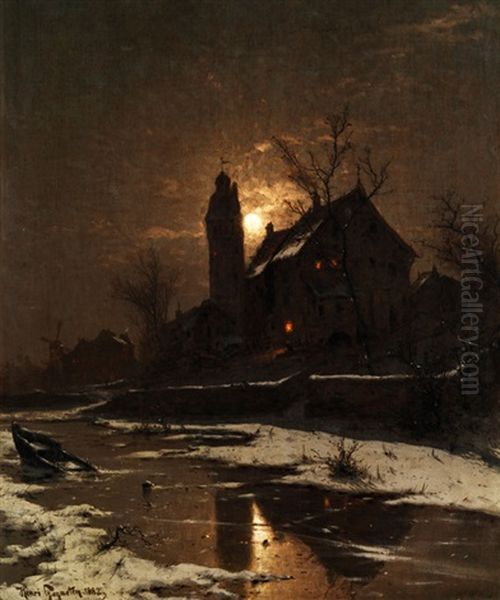 Herrschaftsgebaude Mit Rundem Burgturm Im Mondlicht Oil Painting by Heinrich Gogarten