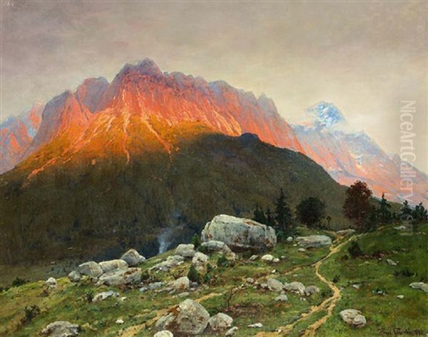 Bergpanorama Mit Almwiesen Im Abendrot Oil Painting by Heinrich Gogarten