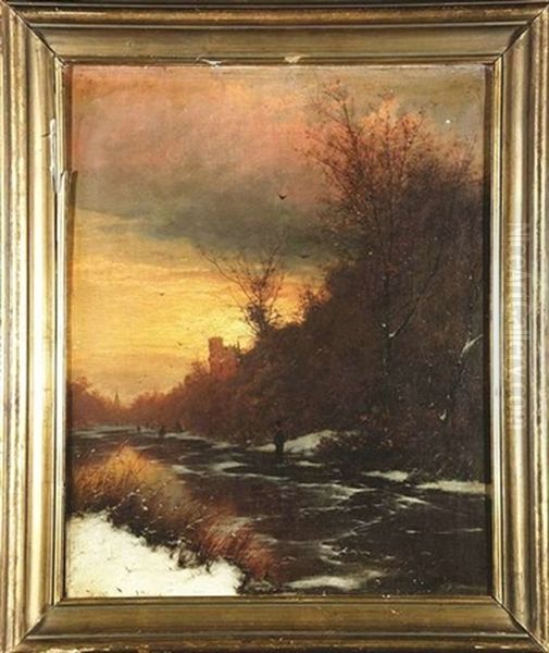 Abenddammerung Uber Winterlicher Landschaft Mit Schlittschuhlaufern Auf Einem Zugefrorenen Fluss Oil Painting by Heinrich Gogarten