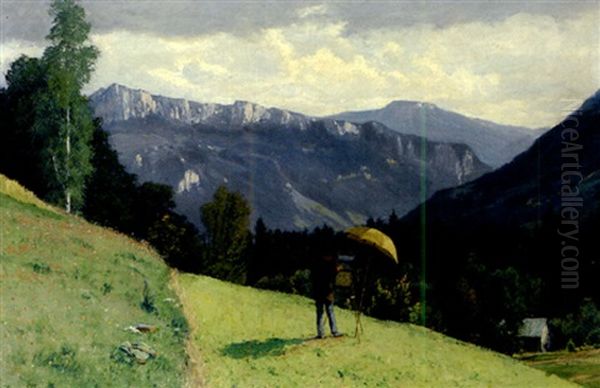 Bei Hohenaschau Mit Maler In Sommerlicher Landschaft Oil Painting by Heinrich Gogarten