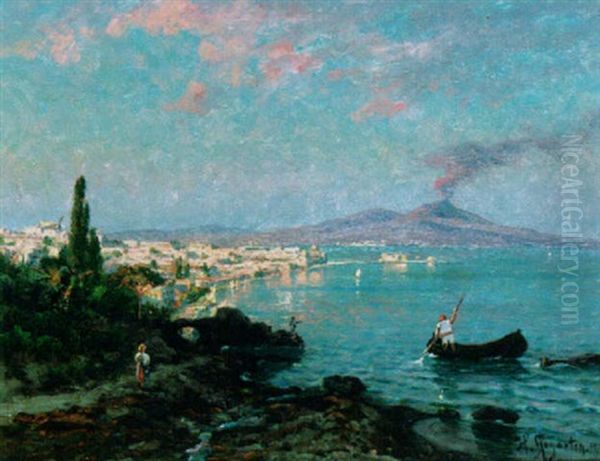 A View Of Naples With The Vesuvius In The Background Oil Painting by Heinrich Gogarten