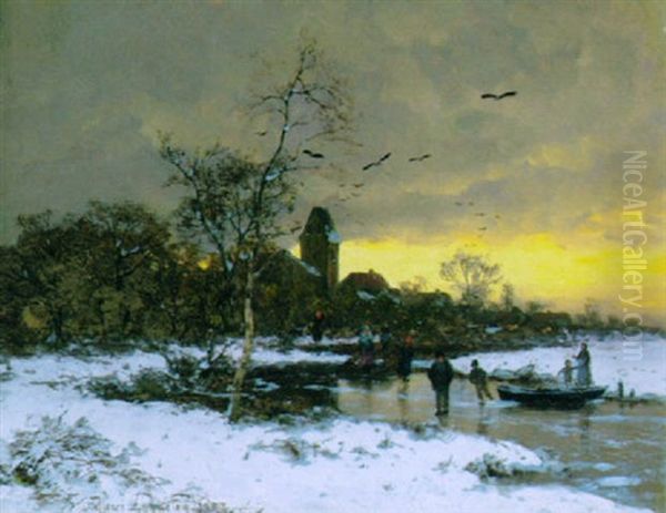 Winterlandschaft Mit Schlittschuhlaufern Und Spaziergangern Oil Painting by Heinrich Gogarten