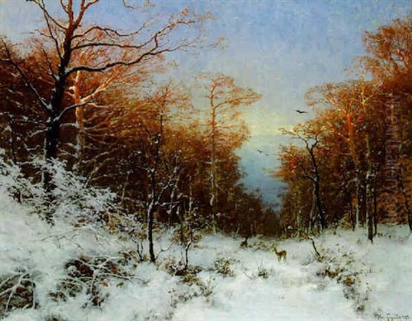 Zwei Rehe Im Winterwald Oil Painting by Heinrich Gogarten