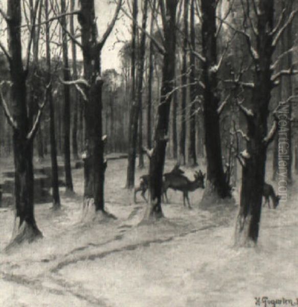 Verschneiter Winterwald Mit Rotwild Oil Painting by Heinrich Gogarten