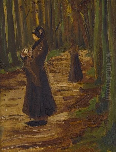 Two Women In A Wood Oil Painting by Vincent Van Gogh