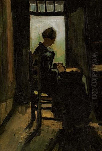 Vrouw Zittend Voor Een Geopende Deur, Aardappels Schillend (woman Seated Before An Open Door, Peeling Potatoes) Oil Painting by Vincent Van Gogh