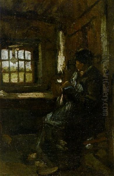 Interior With Peasant Woman Sewing Oil Painting by Vincent Van Gogh