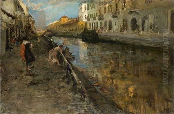 Passeggiando Lungo Il Naviglio Grande. Milano Oil Painting by Emilio Gola