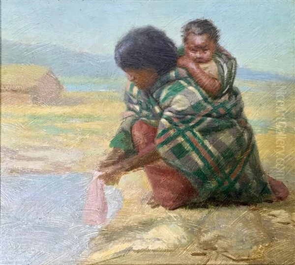 Maori Woman Washing Clothes In A Warm Pool, Whakarewarewa Oil Painting by Charles Frederick Goldie