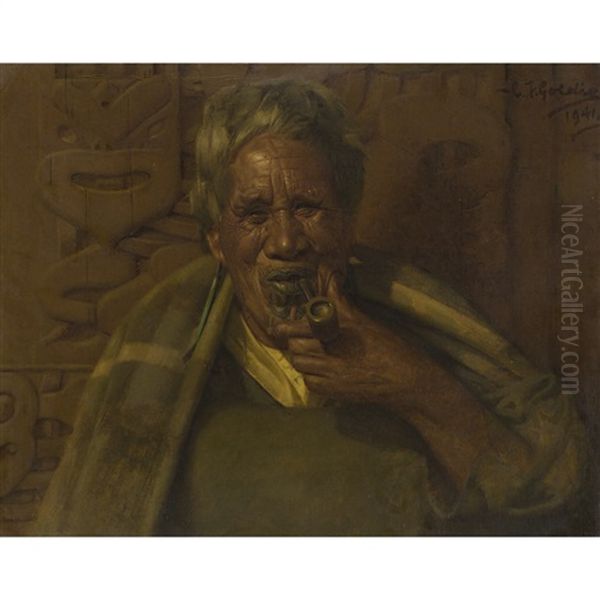 Ka Pai Te Kai Paipa, Portrait Of Te Hei, A Maori Chieftainess Oil Painting by Charles Frederick Goldie