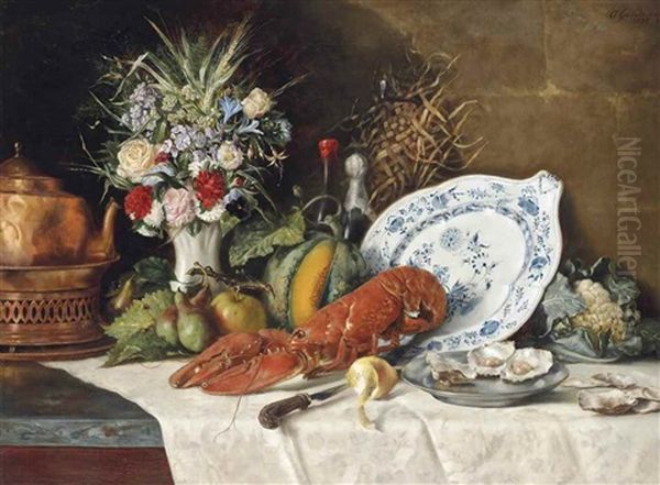 A Lobster And Oysters On A Table Oil Painting by Otto Goldmann