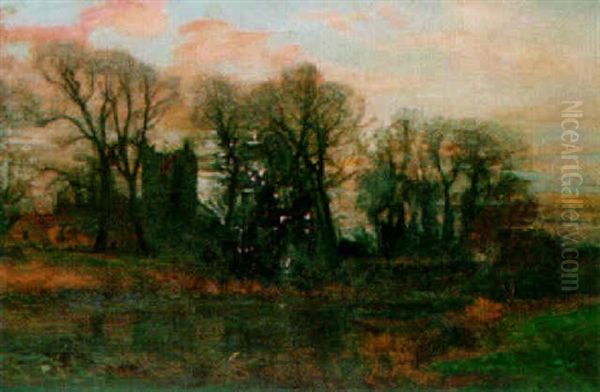 Country River Landscape With A Church In The Distance Oil Painting by Walter H. Goldsmith