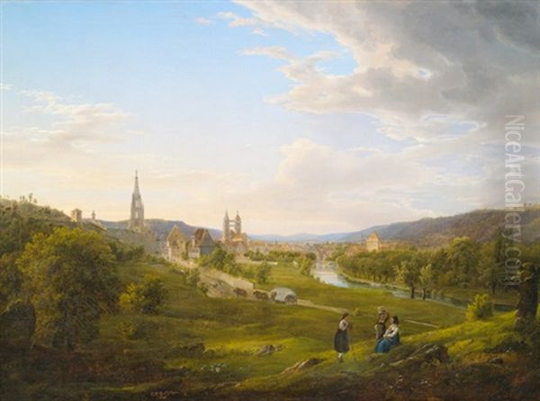 Neckarlandschaft Mit Blick Auf Esslingen, Wo Sich Die Turme Der Stadt- Und Frauenkirche Deutlich Abzeichnen Oil Painting by Johann Theodor Goldstein