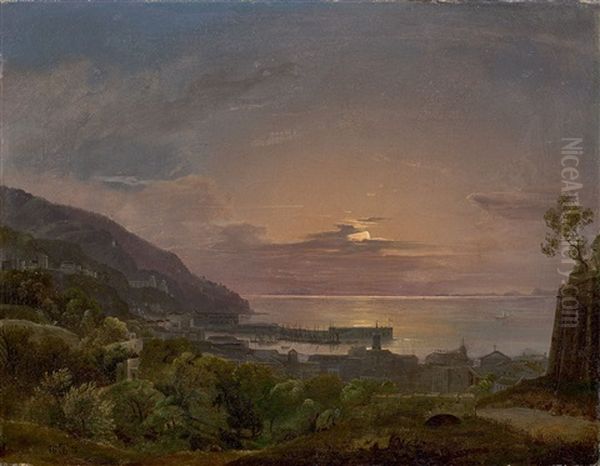 Moonlight Over A Southern Harbour Town Oil Painting by Johann Theodor Goldstein