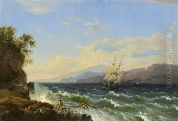 Italienische Landschaft Mit Zweimaster Auf Bewegter See Oil Painting by Johann Theodor Goldstein