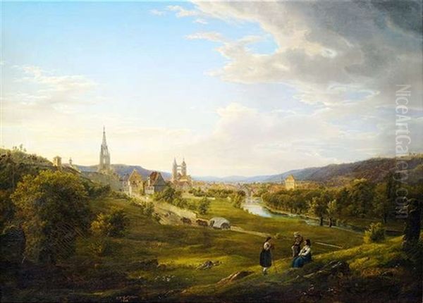 Neckarlandschaft Mit Blick Auf Esslingen, Wo Sich Die Turme Der Stadt- Und Frauenkirche Deutlich Abzeichnen Oil Painting by Johann Theodor Goldstein