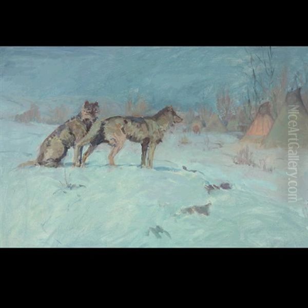 Wolves Stalking Indian Encampment Oil Painting by Elling William Gollings