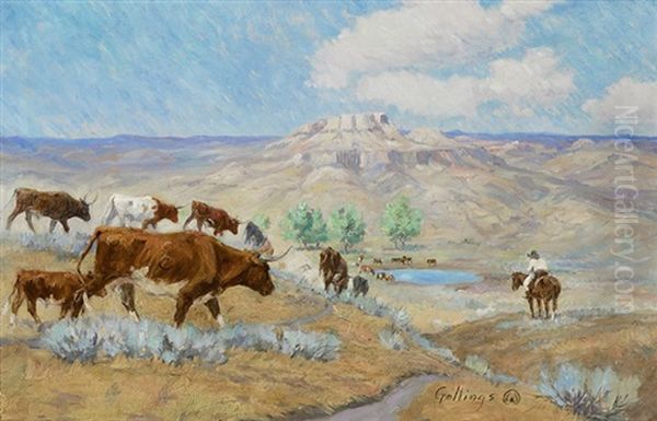 Gathering The Three Circle Cattle Oil Painting by Elling William Gollings