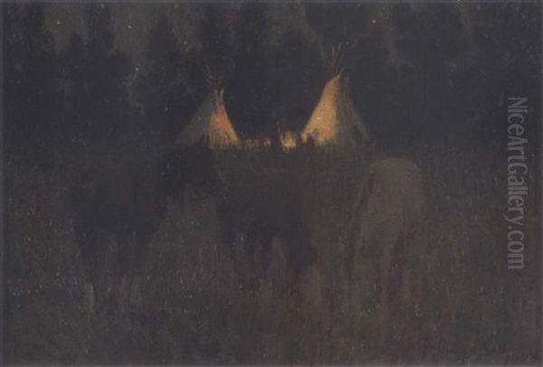 Crow Camp By Moonlight Oil Painting by Elling William Gollings